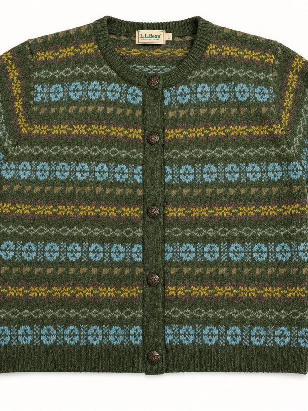L.L. Bean Vintage Olive Green Fair Isle Wool Cardigan with Blue and Mustard Acce